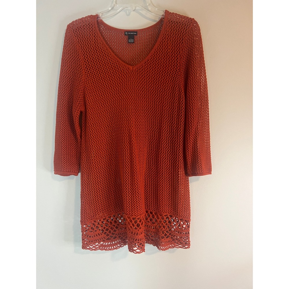 New Directions Womens Burnt Orange Open Knit Crochet V-Neck‎ Sweater Tunic Large